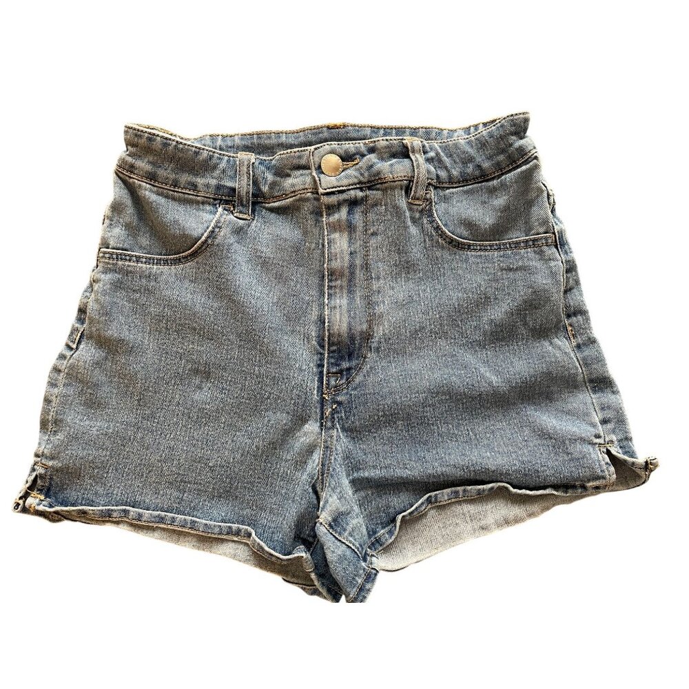 H&M High-Rise Split‎ Hem Denim Shorts – Mid-Wash Stretch Jean Shorts – [25x2.5]